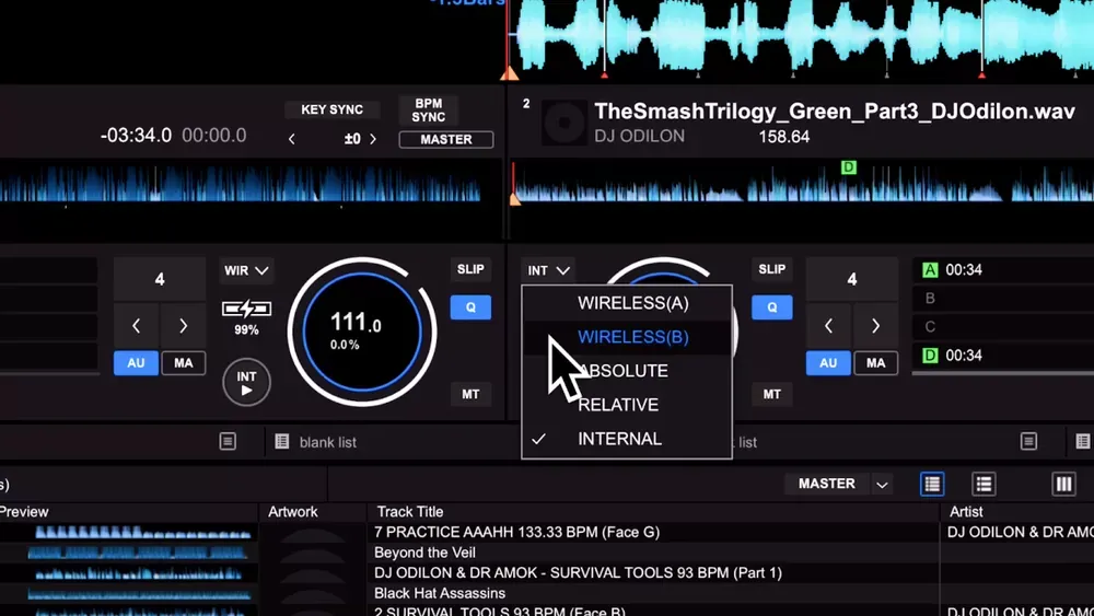 Modo WIRELESS y nivel de bateria de Phase mostrados en la interfaz de rekordbox