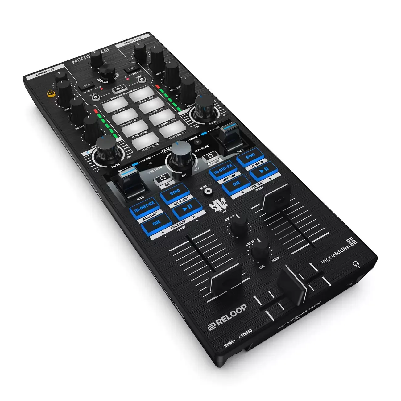 Reloop Mixtour Pro, controladora DJ portátil de 4 decks, vista en perspectiva