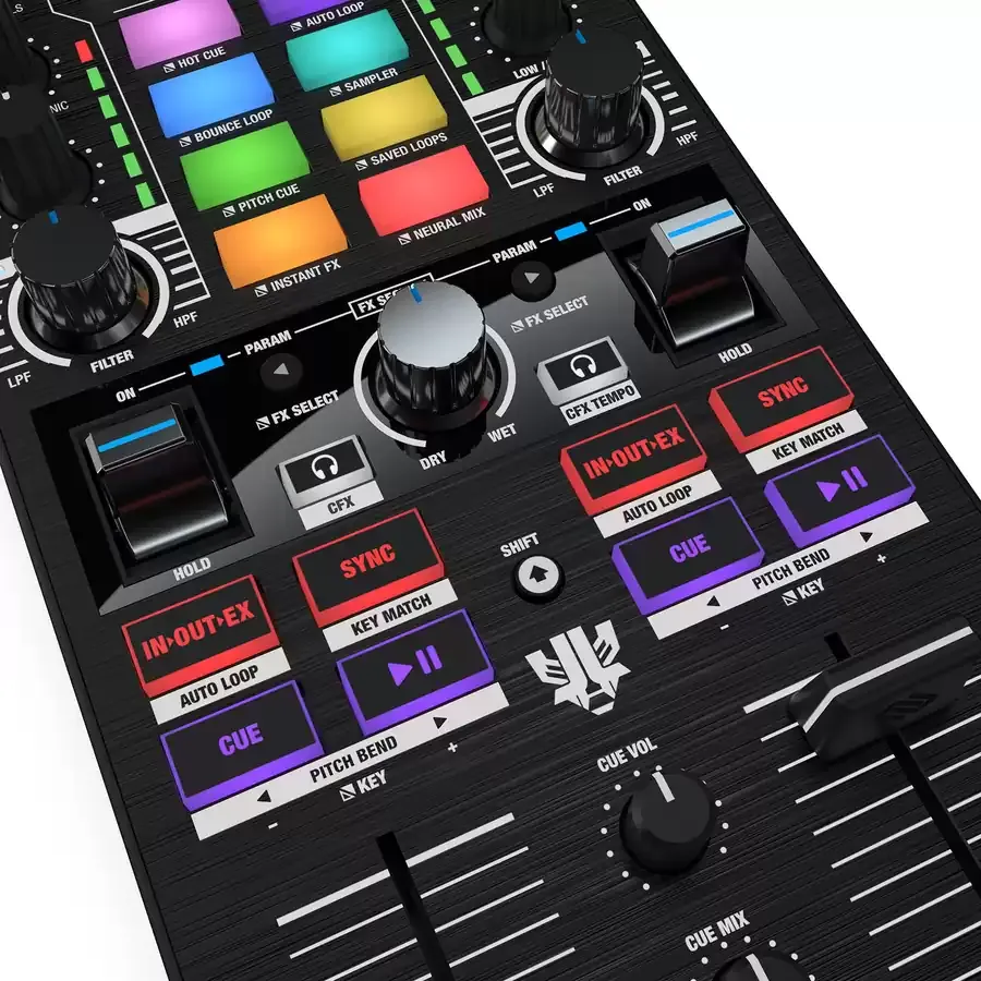 Sección de FX y transporte del Reloop Mixtour Pro