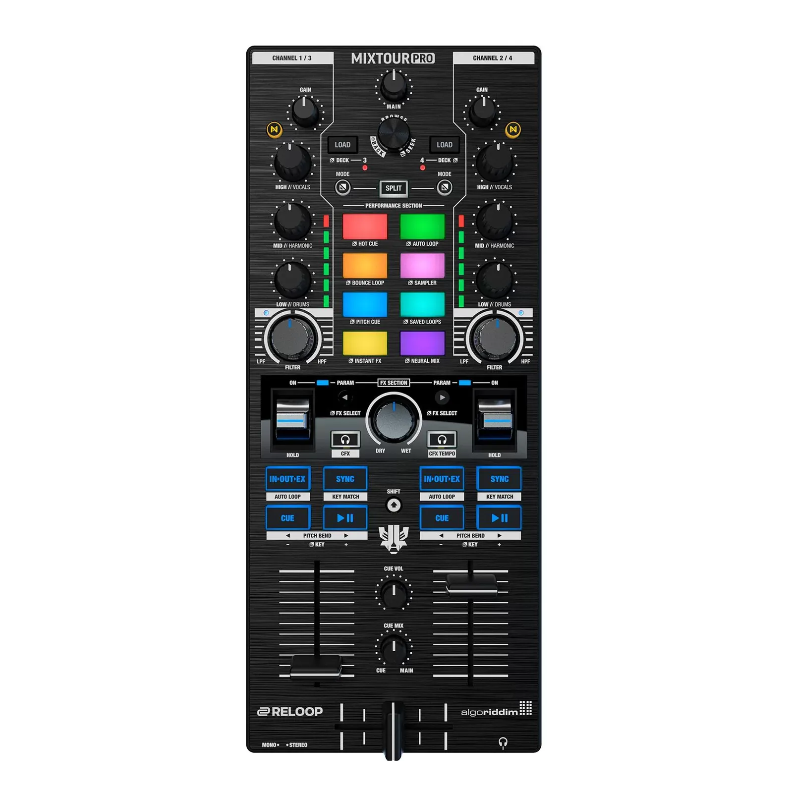Vista superior del Reloop Mixtour Pro con sus 8 pads RGB, EQ y faders