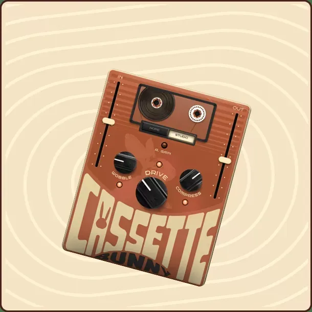 Interfaz del plug-in Safari Pedals Cassette Bunny con la ventana del cassette, el conmutador Home / Studio y las perillas Wobble, Drive y Compress