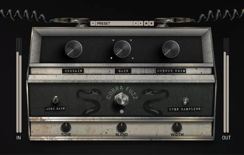 Ventana del plug-in Safari Pedals Cobra Fuzz con las perillas Sustain, Gain, Output Trim, Tone, Blend y Width, interruptores Auto Gain y Over Sampling y medidores de entrada y salida