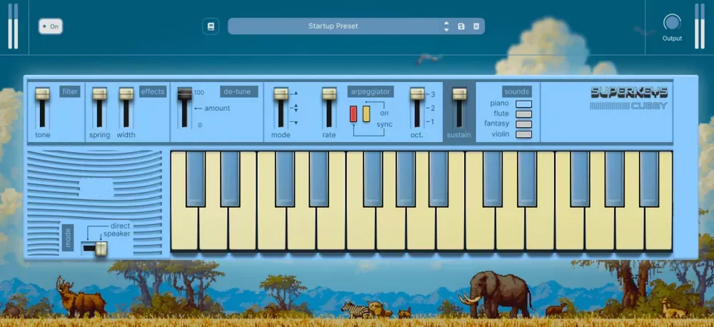 Interfaz completa del instrumento virtual Safari Pedals Cubby con los controles Tone, Filter, Spring, Width, Effects, De-tune, arpegiador, Sustain y el selector de sonidos piano, flute, fantasy y violin