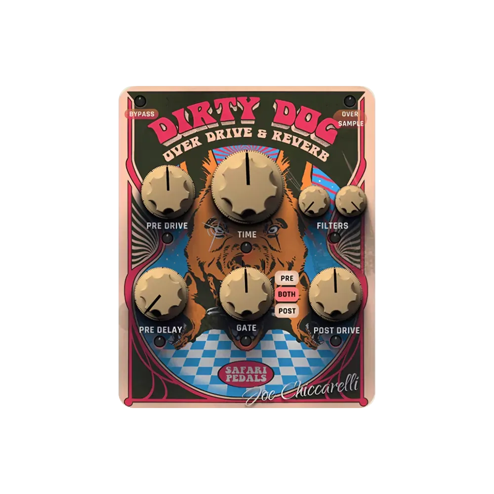 Interfaz del plug-in Safari Pedals Dirty Dog Reverb con los controles Pre Drive, Time, Filters, Pre Delay, Gate y Post Drive