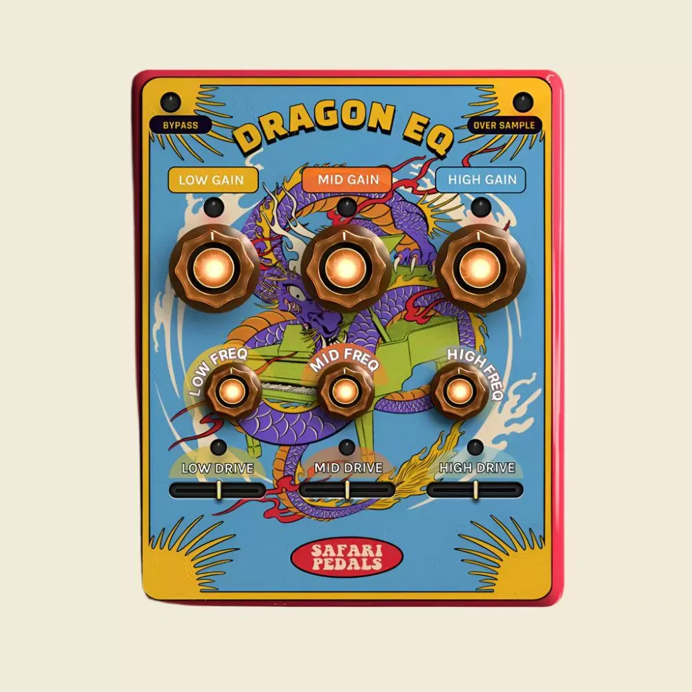 Interfaz del plug-in Safari Pedals Dragon EQ con los controles Low, Mid y High Gain, Freq y Drive, más Bypass y Over Sample