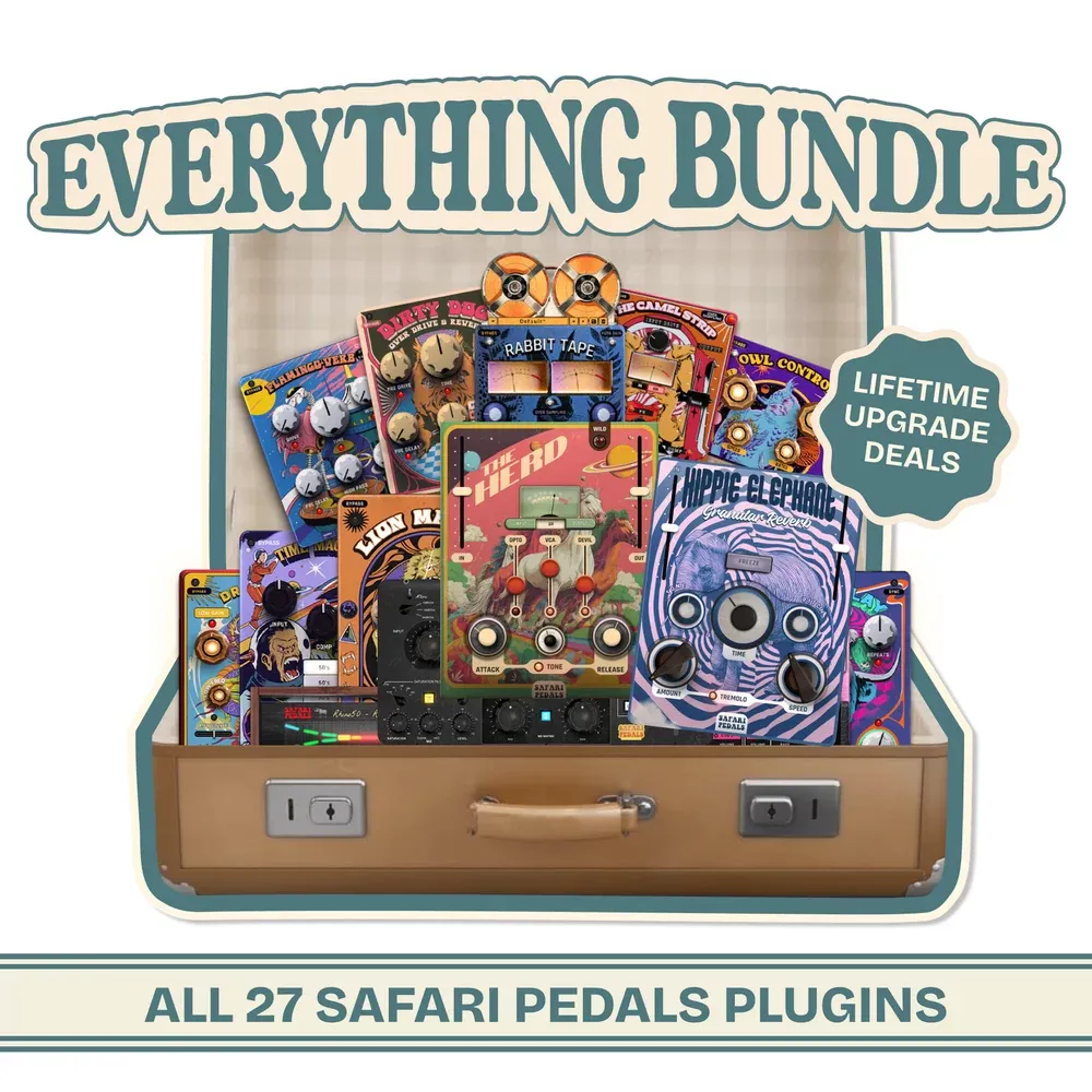 Safari Pedals Everything Bundle, pack con el catálogo de plug-ins de la marca, con las interfaces de los plug-ins agrupadas sobre fondo oscuro