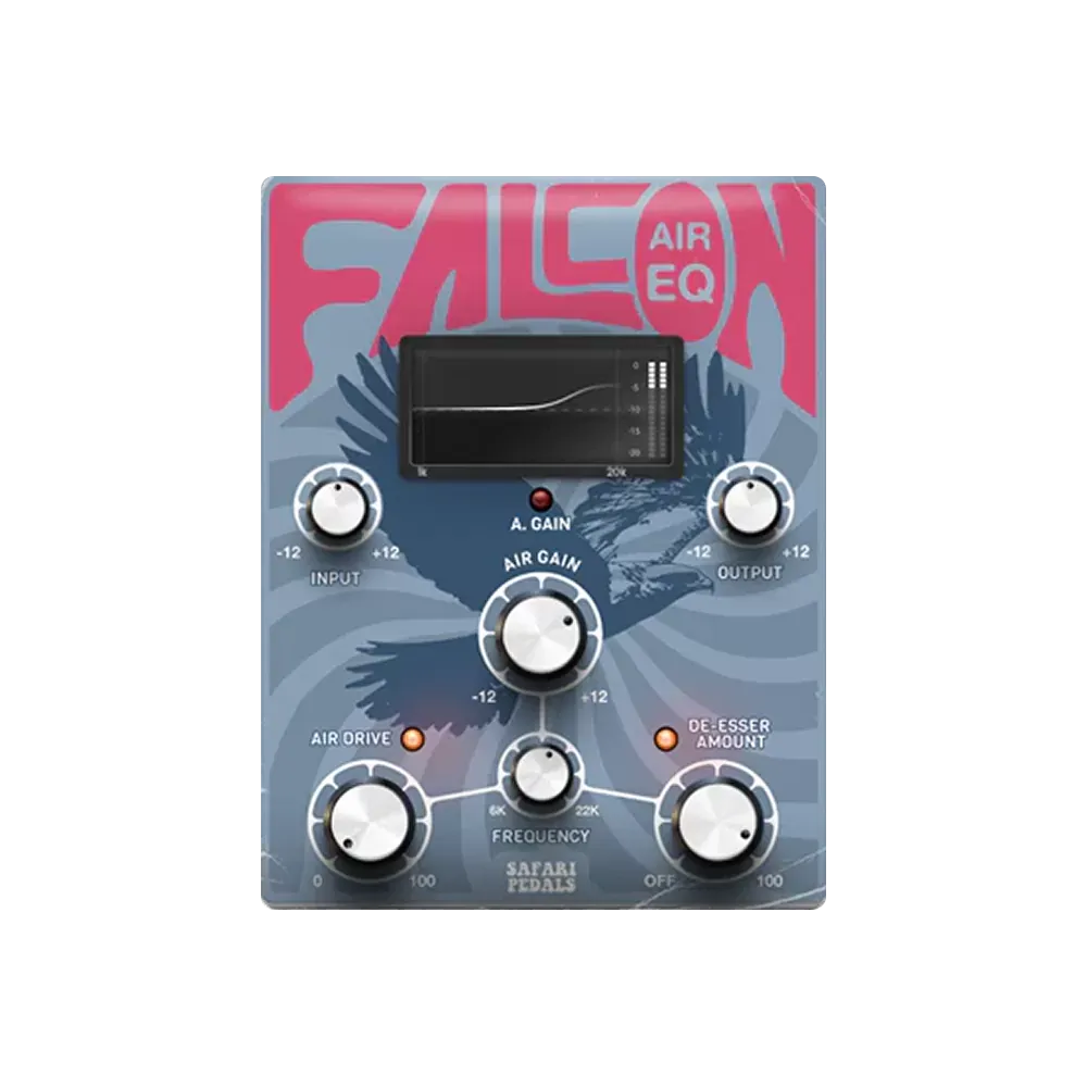Interfaz del plug-in Safari Pedals Falcon Air EQ con los controles Input, Air Gain, Output, Air Drive, Frequency y De-esser Amount