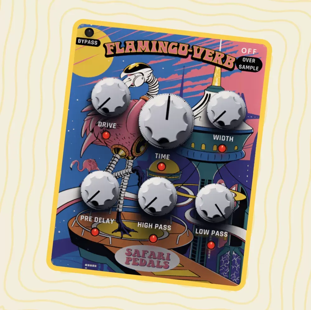 Interfaz del plug-in Safari Pedals Flamingo Verb con las perillas Drive, Time, Width, Pre Delay, High Pass y Low Pass