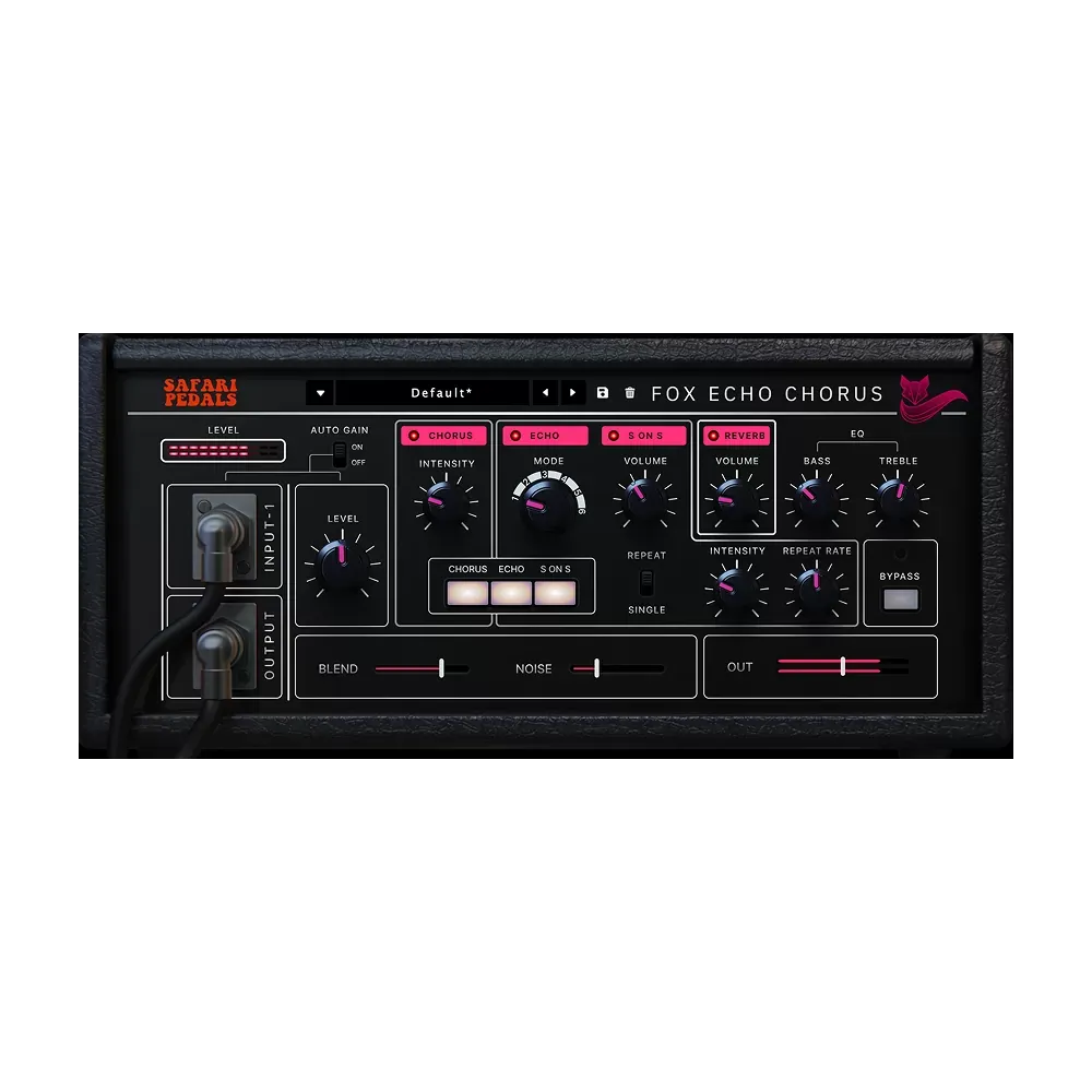 Interfaz del Safari Pedals Fox Echo Chorus con las secciones Chorus, Echo, S on S y Reverb