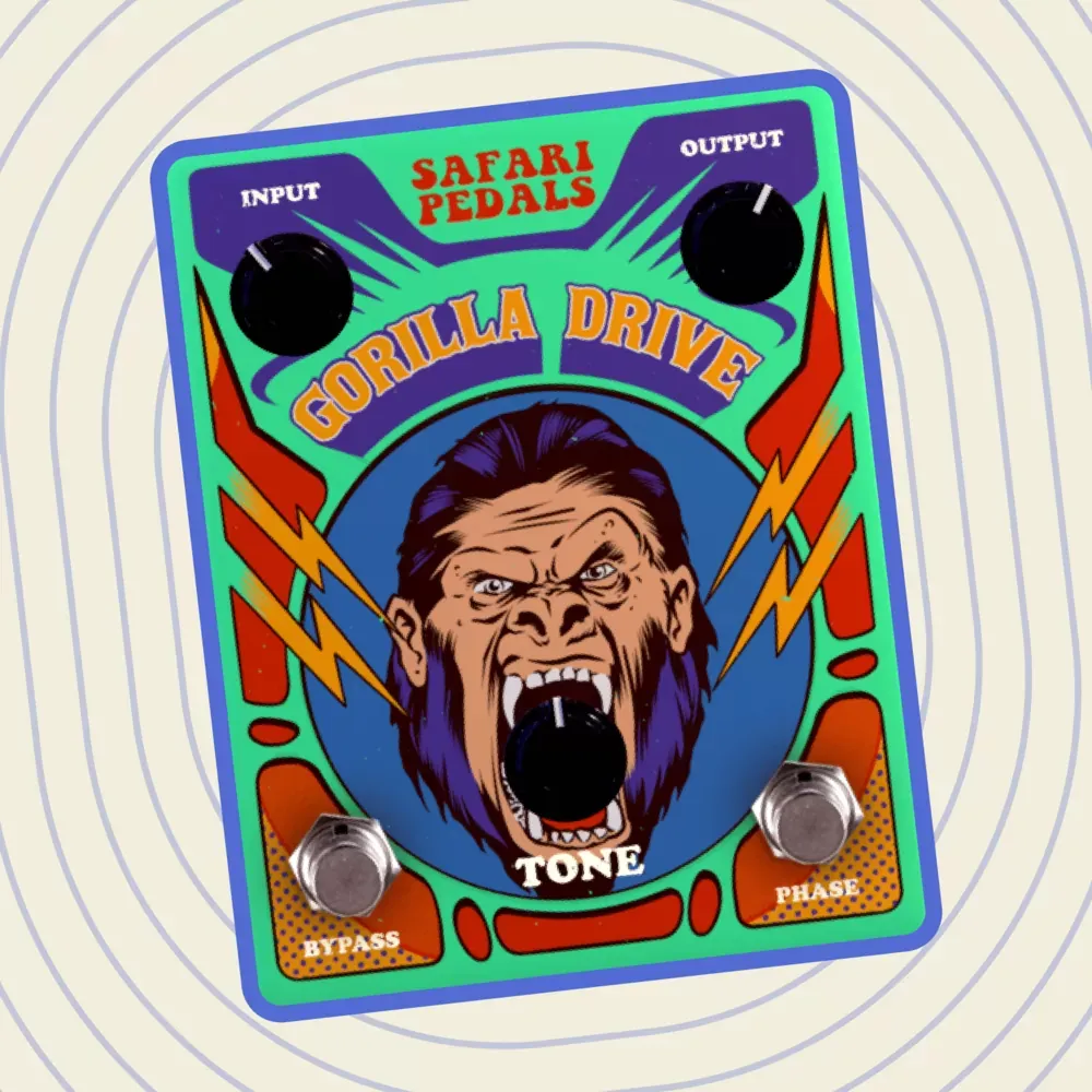 Interfaz del plug-in Safari Pedals Gorilla Drive con los controles Input, Output, Tone, Bypass y Phase