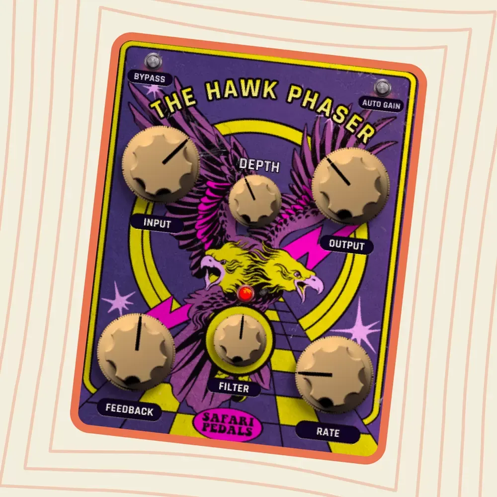 Panel del plug-in Safari Pedals Hawk Phaser con los controles Input, Depth, Output, Feedback, Filter y Rate, y los interruptores Bypass y Auto Gain
