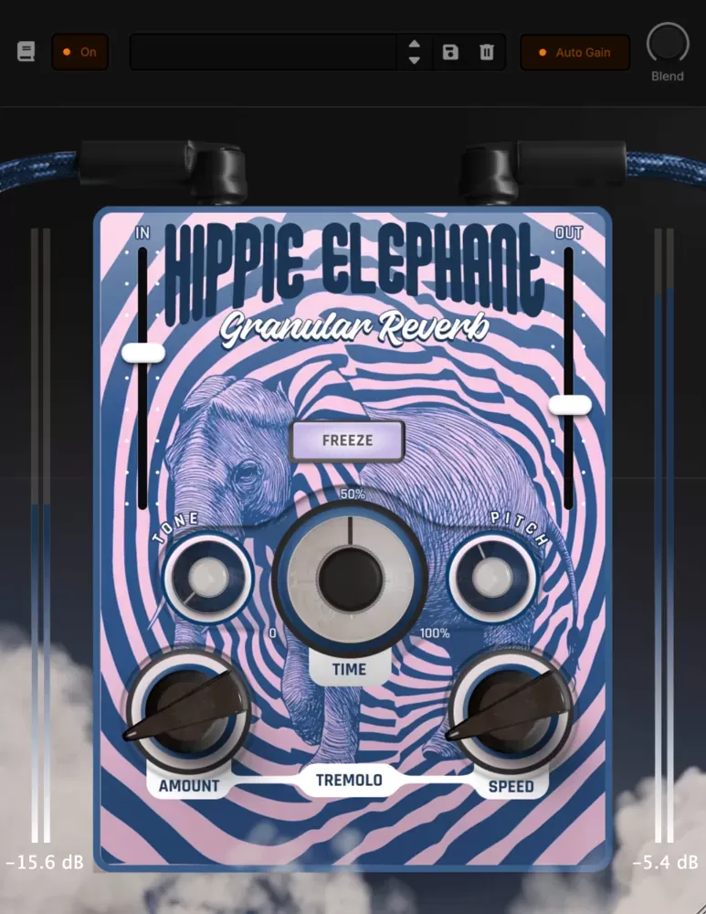 Ventana del plug-in Safari Pedals Hippie Elephant con el botón FREEZE, las perillas TONE, TIME y PITCH, la sección TREMOLO y los sliders IN y OUT
