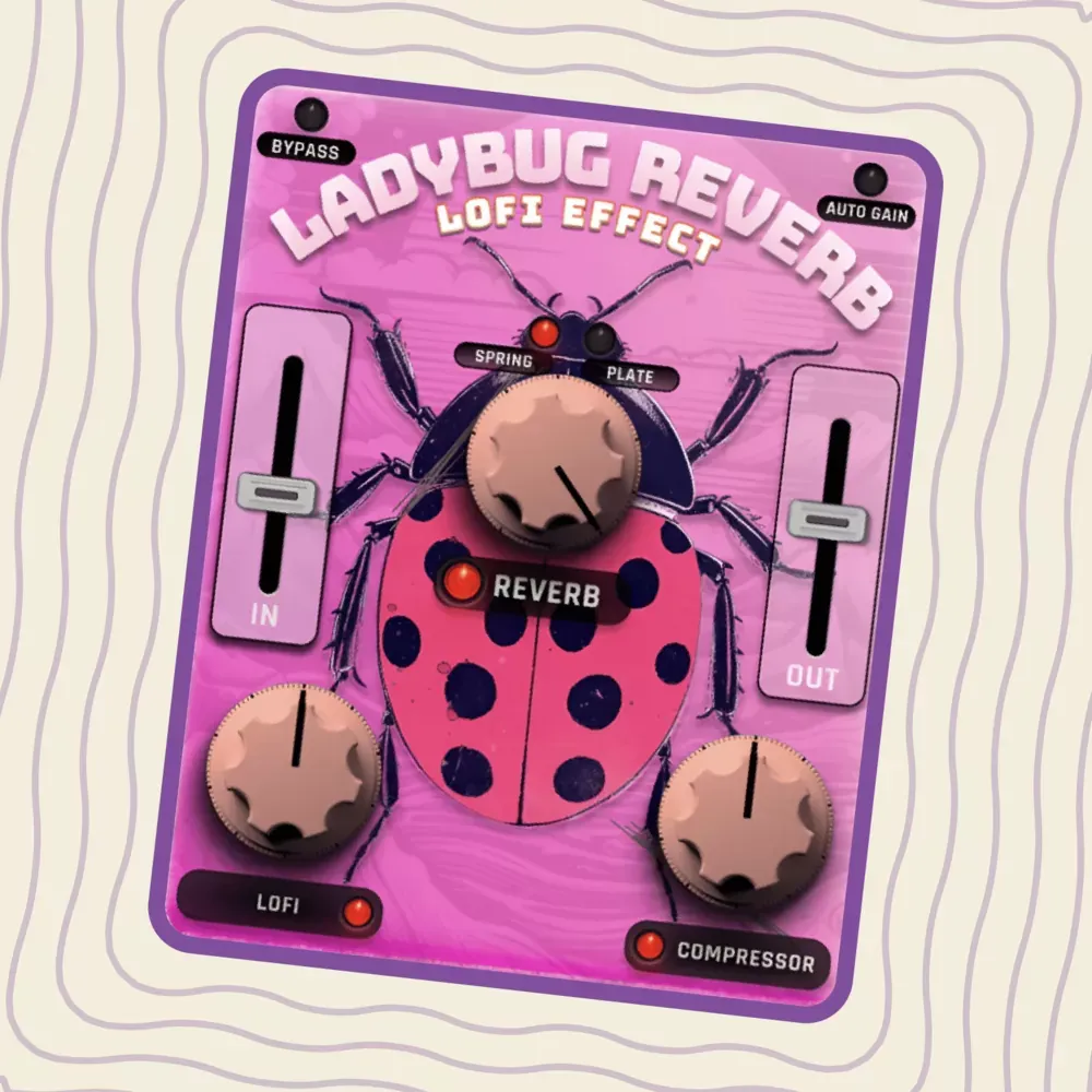 Interfaz del plug-in Safari Pedals LadyBug Reverb con los interruptores Spring y Plate, los deslizadores In y Out y las perillas Reverb, LoFi y Compressor