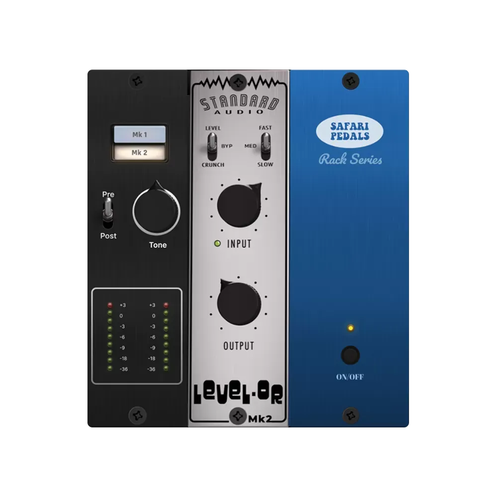 Interfaz del plug-in Safari Pedals Level-Or con el selector Mk1 y Mk2, la perilla Tone, los medidores en dB y el modulo Standard Audio con las perillas Input y Output