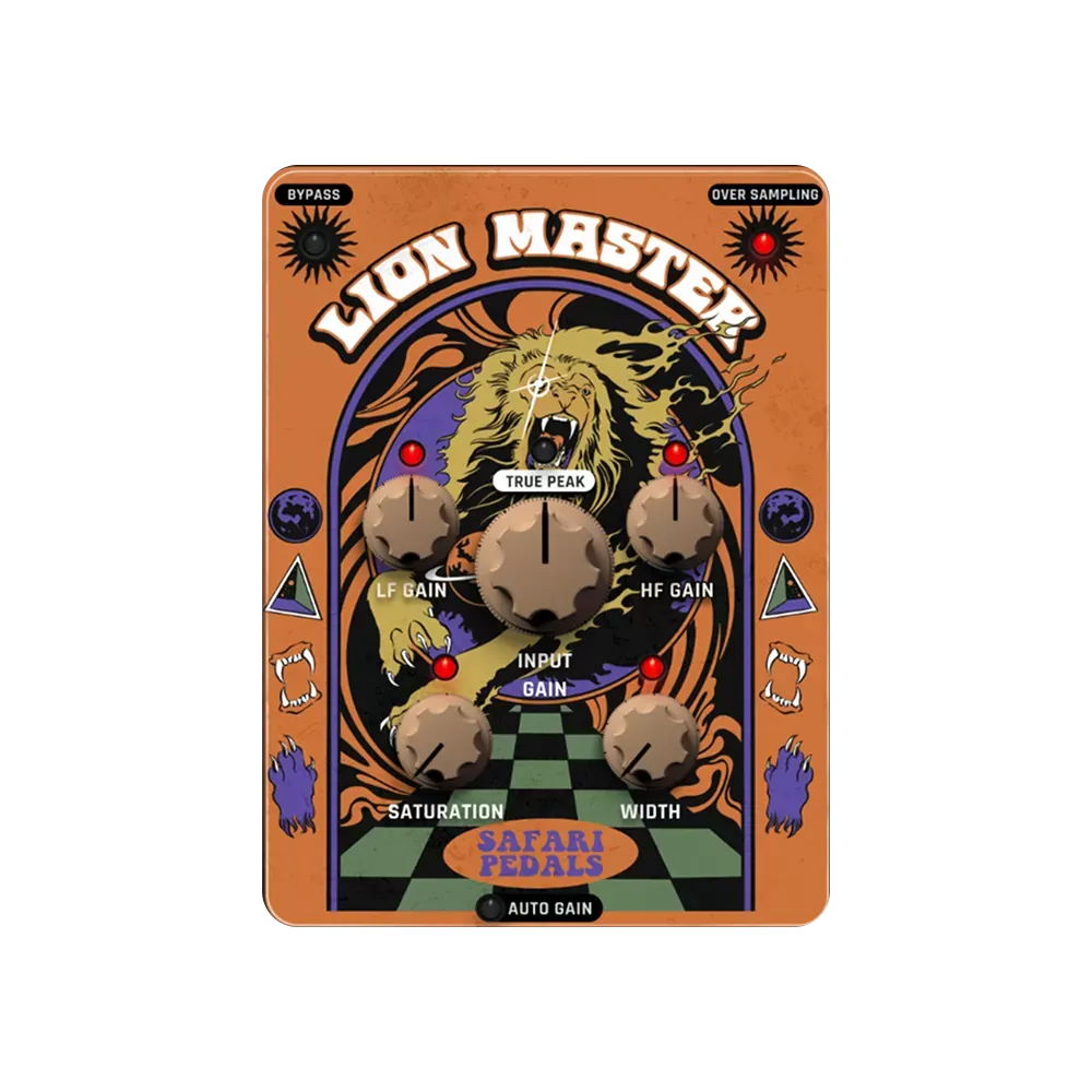 Interfaz del plug-in Safari Pedals Lion Master con los controles True Peak, LF Gain, HF Gain, Input, Saturation y Width