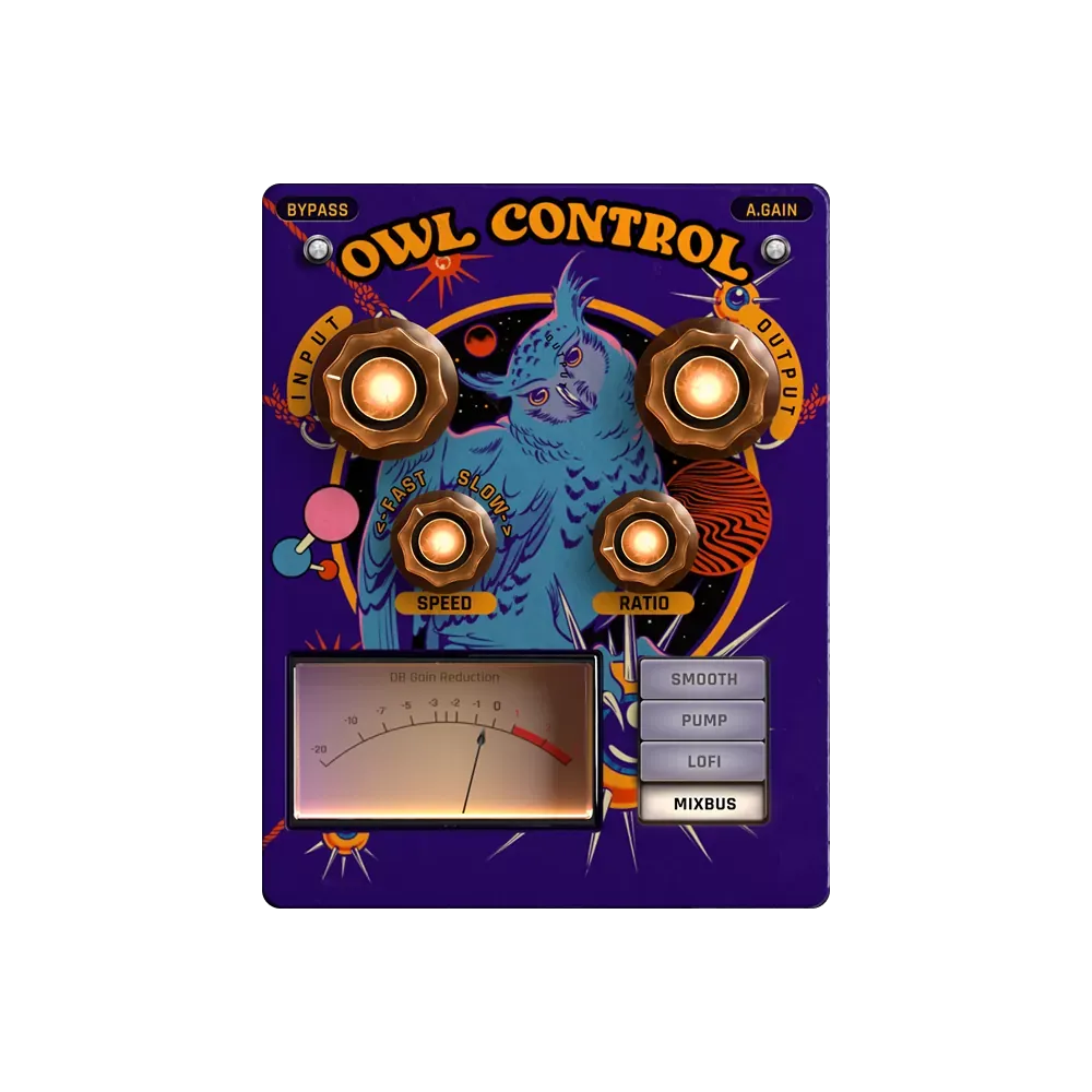Interfaz del plug-in Safari Pedals Owl Control con las perillas Input, Output, Speed y Ratio, el medidor de reducción de ganancia y los modos Smooth, Pump, LoFi y MixBus