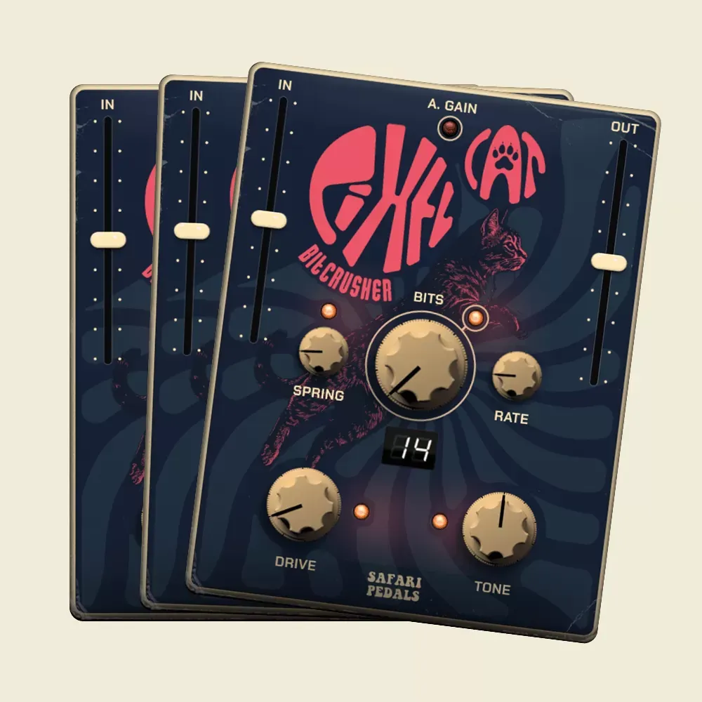 Interfaz del plug-in Safari Pedals Pixel Cat BitCrusher con la perilla Bits al centro, el display de presets y las perillas Spring, Rate, Drive y Tone