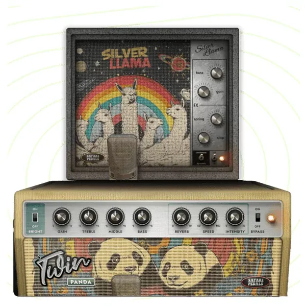 Portada del pack de plug-ins Safari Pedals Planet of the Amps, colección de amplificadores vintage con Silver Llama y Twin Panda