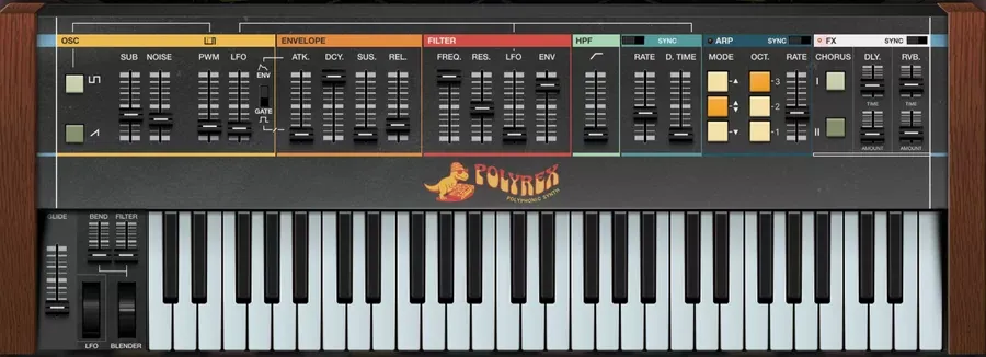Sintetizador virtual Safari Pedals PolyRex, instrumento polifónico vintage con perillas de oscilador, filtro y efectos en una sola ventana