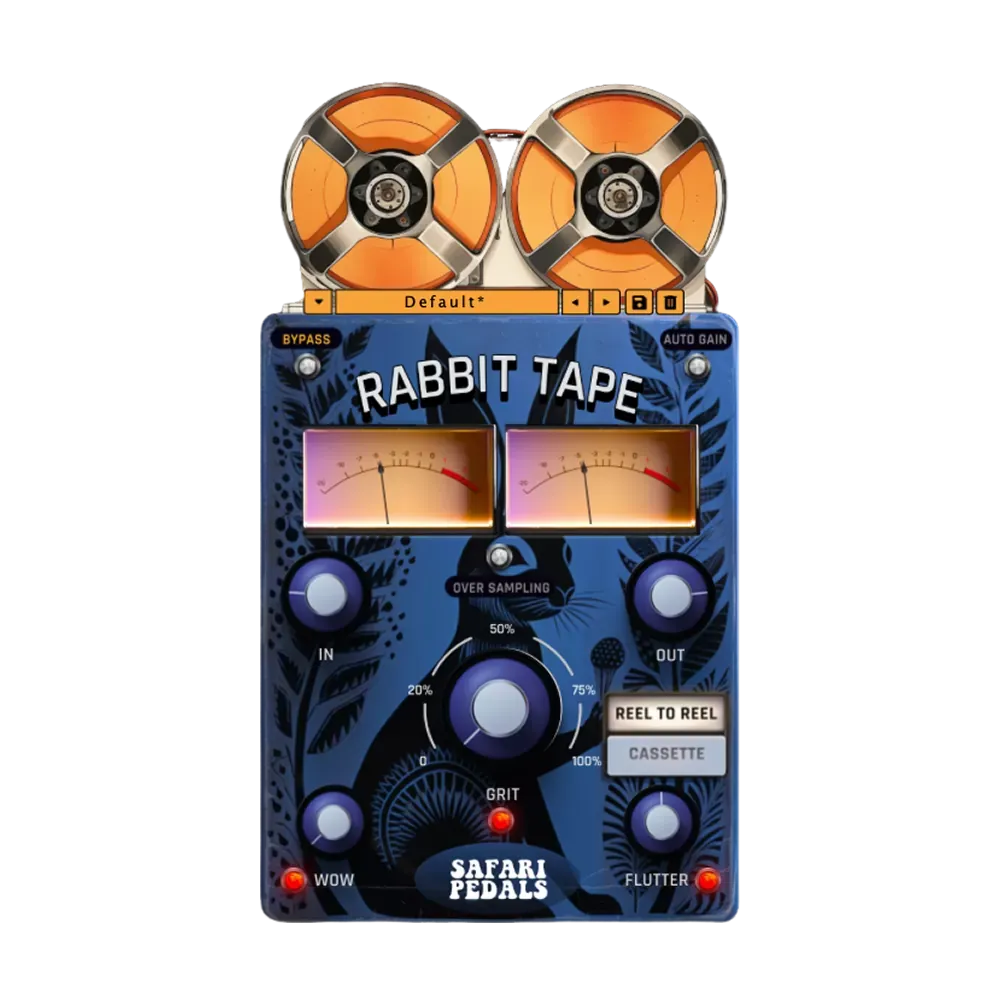 Interfaz del plug-in Safari Pedals Rabbit Tape con los carretes, medidores VU y los controles Wow, Flutter, Grit y el conmutador Reel to Reel / Cassette