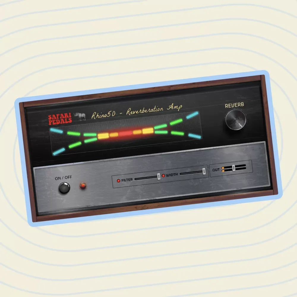 Interfaz del plug-in Safari Pedals Rhino Reverb con la pantalla Rhino50 Reverberation Amp, la perilla Reverb, el interruptor ON/OFF y los sliders Filter y Width