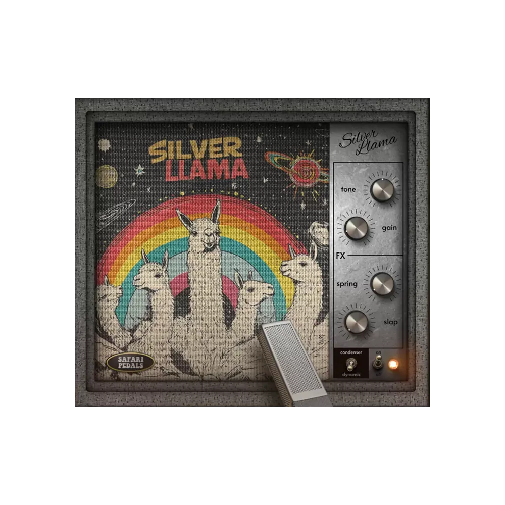 Interfaz del plug-in Safari Pedals Silver Llama con los controles tone, gain, spring, slap y el interruptor condenser/dynamic