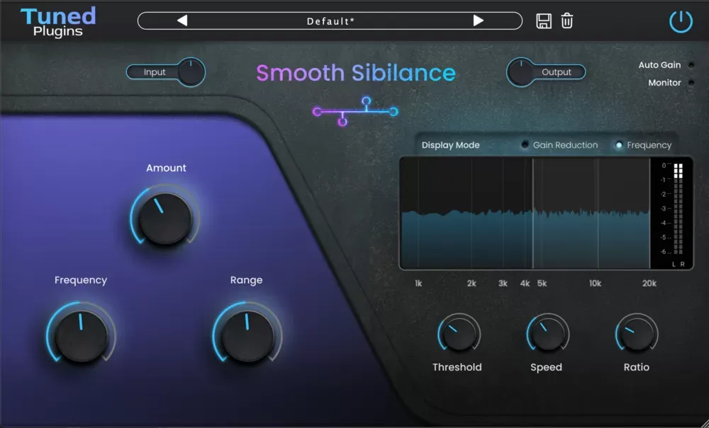 Interfaz completa del plug-in Smooth Sibilance de Tuned Plugins con los controles Amount, Frequency, Range, Threshold, Speed y Ratio