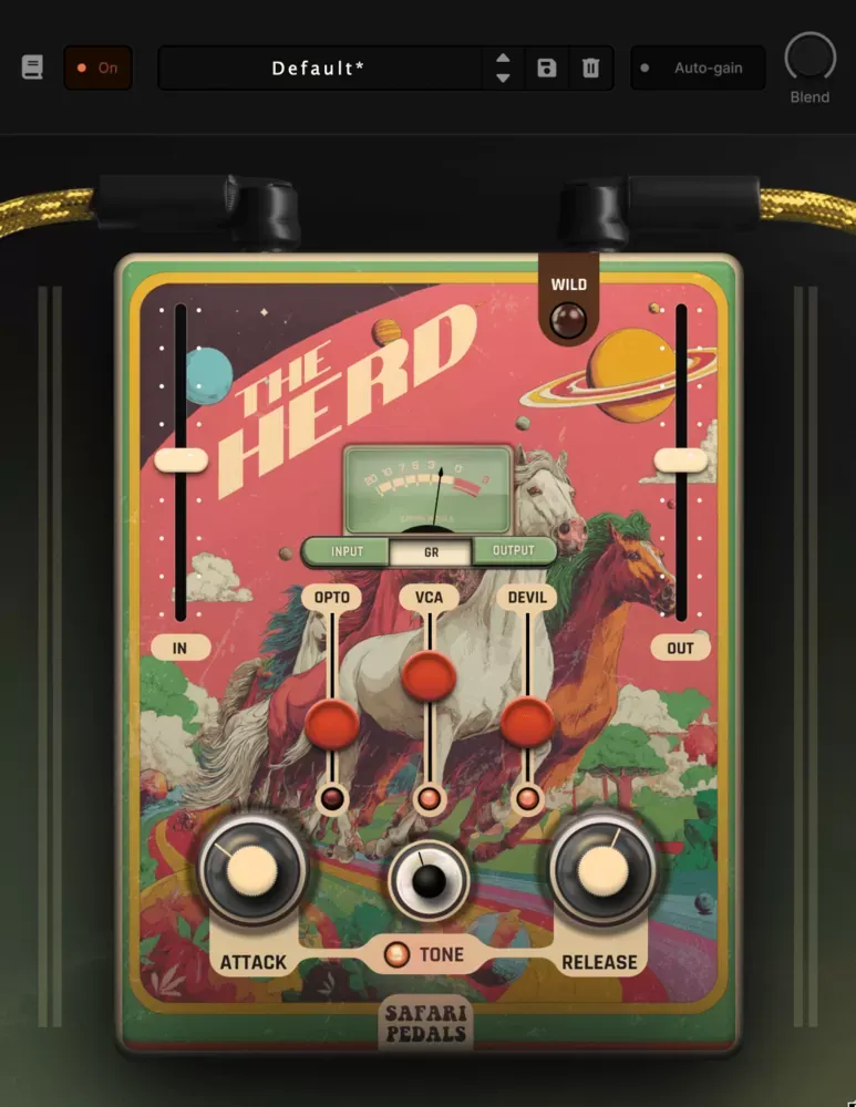 Ventana completa del plug-in Safari Pedals The Herd con la perilla Blend, el boton Auto-gain y el navegador de presets en la barra superior, los faders Opto, VCA y Devil, el medidor GR y las perillas Attack, Tone y Release