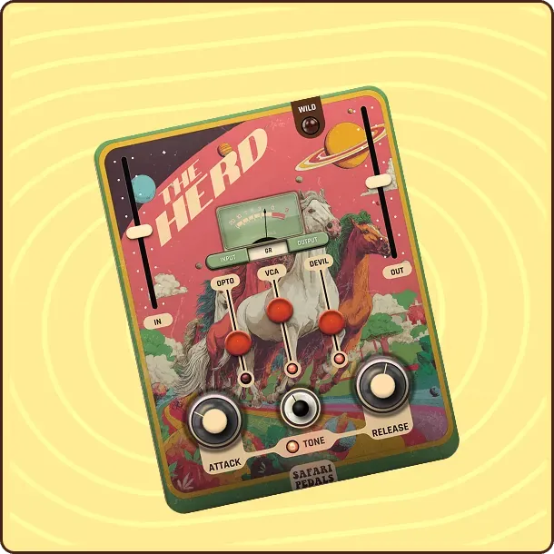 Plug-in compresor Safari Pedals The Herd en formatos VST3, AU y AAX, con los faders Opto, VCA y Devil y el switch Wild