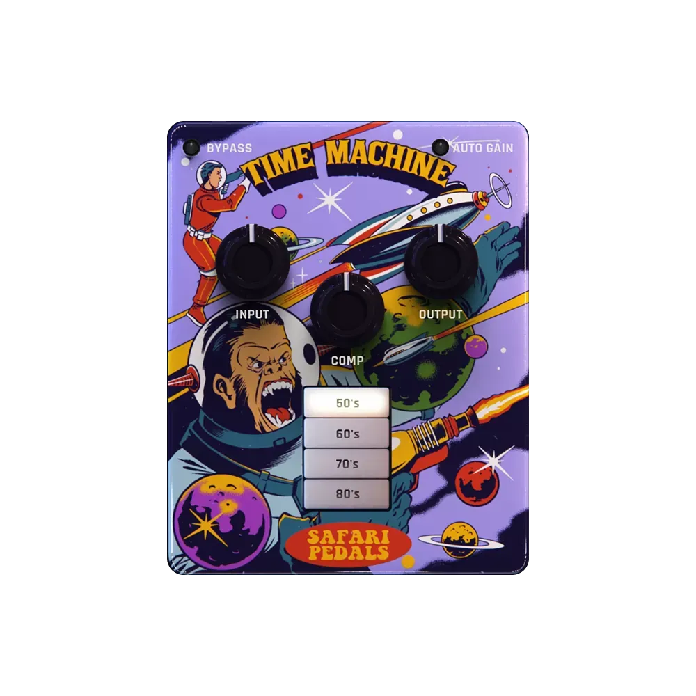 Los cuatro botones de época 50s, 60s, 70s y 80s del plug-in Safari Pedals Time Machine