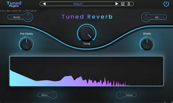 Tuned Reverb mostrando la envolvente de la cola y los controles de pre-delay y tiempo
