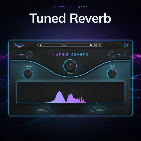 Interfaz del plug-in Tuned Reverb con los controles Body, Air, Pre Delay, Time, Width y Blend