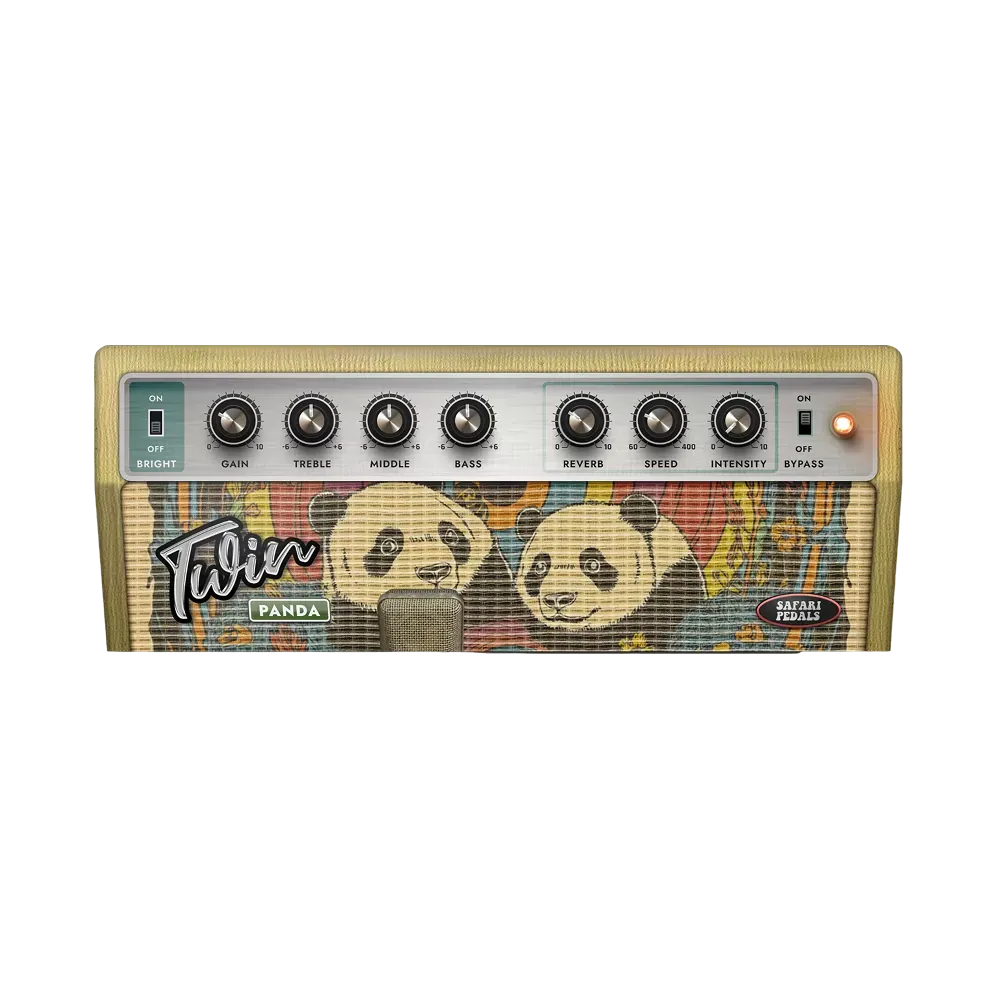 Interfaz del plug-in Safari Pedals Twin Panda con los controles Gain, Treble, Middle, Bass, Reverb, Speed e Intensity