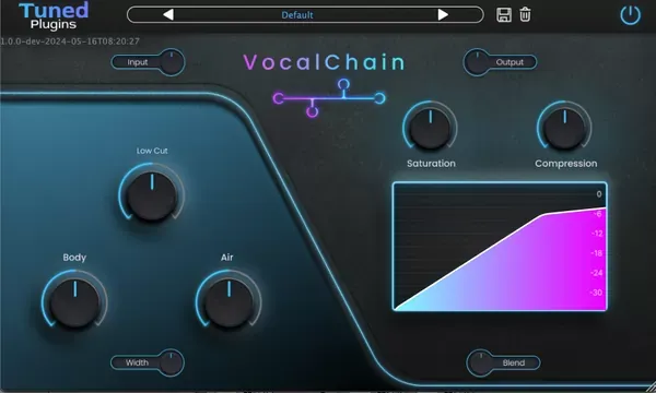 Interfaz del plug-in Vocal Chain con los controles Low Cut, Body, Air, Saturation, Compression y Blend