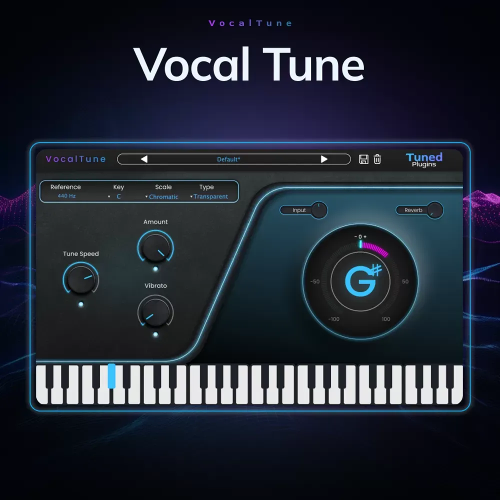 Interfaz del plug-in VocalTune con los ajustes de Reference, Key, Scale, Type, Tune Speed, Amount y Vibrato