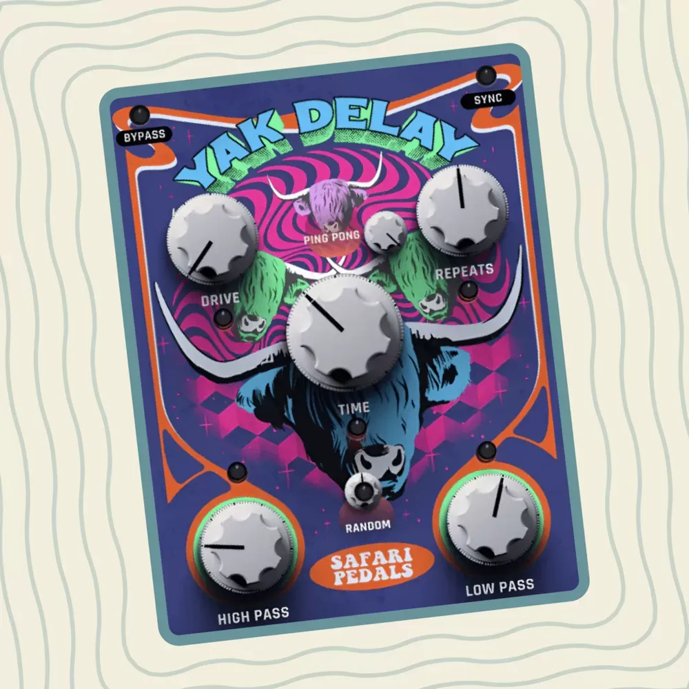 Interfaz del plug-in Safari Pedals Yak Delay con los controles Drive, Time, Repeats, Ping Pong, Random, High Pass y Low Pass