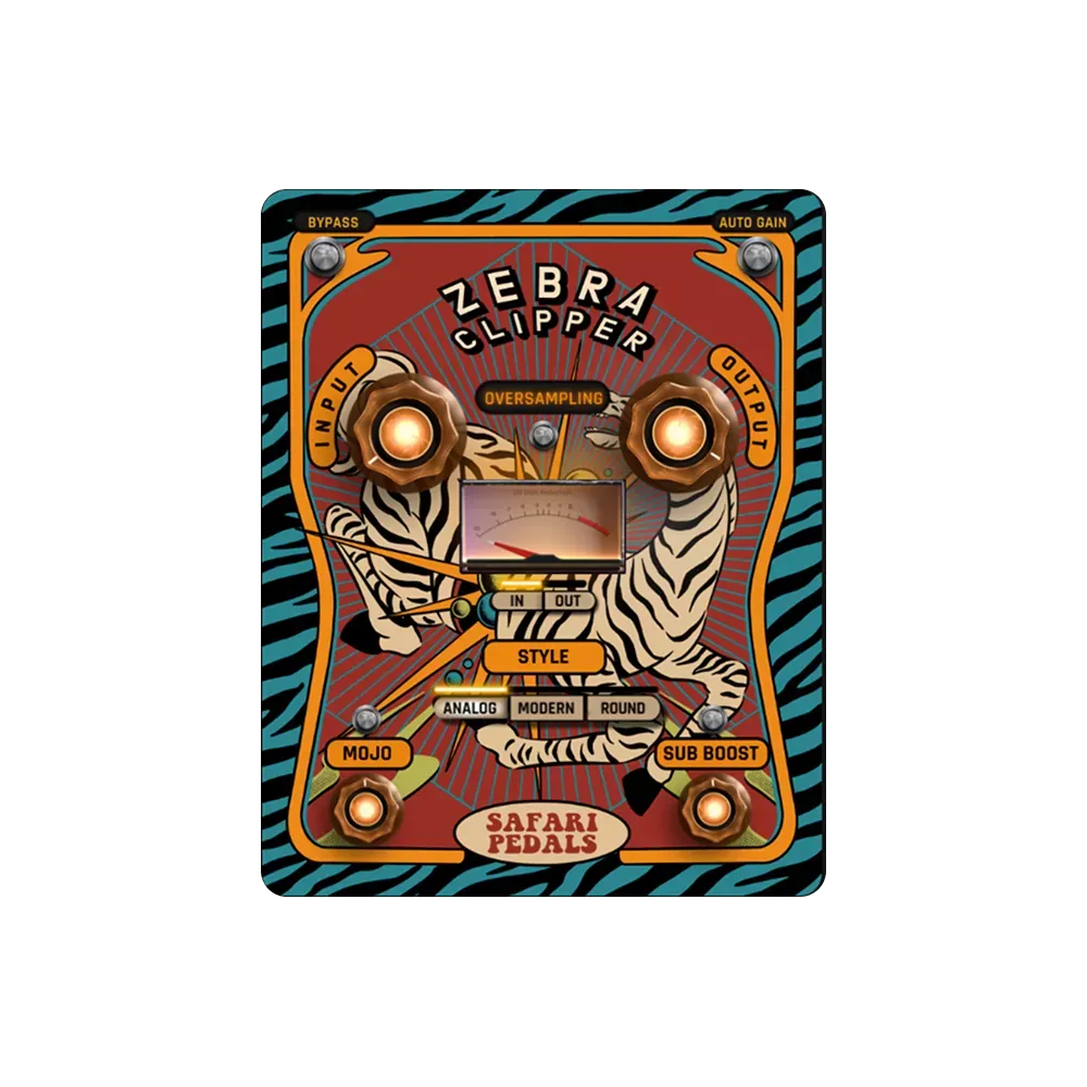 Interfaz del plug-in Safari Pedals Zebra Clipper con el selector Style Analog/Modern/Round y las perillas Mojo, Sub Boost, Drive y Clip
