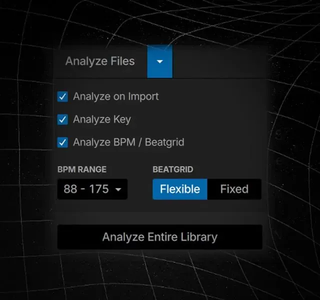Panel Analyze Files de Serato DJ 5.0 con el selector de beatgrid Flexible o Fixed