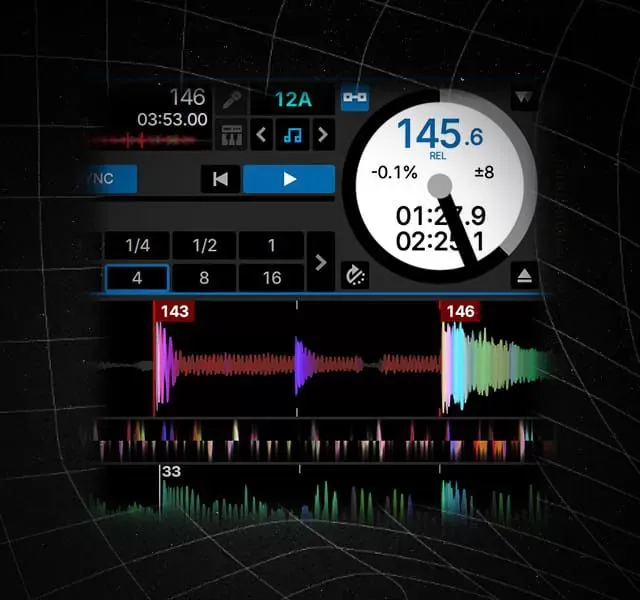 Forma de onda de Serato DJ 5.0 con etiquetas de BPM 143 y 146 marcando los cambios de tempo