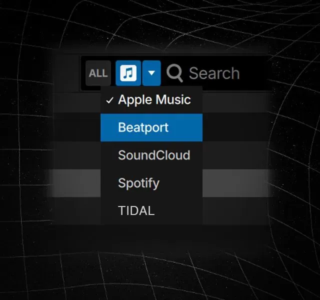 Selector de servicio de streaming junto al buscador de Serato DJ 5.0