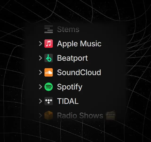 Biblioteca de Serato DJ 5.0 mostrando Apple Music, Beatport, SoundCloud, Spotify y TIDAL