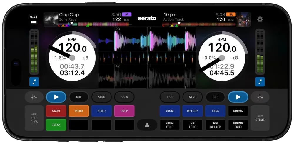 Serato DJ for iOS con dos decks y waveforms a color en iPhone