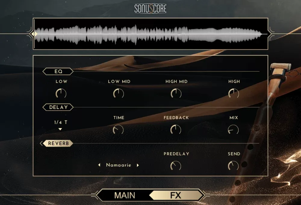 Pagina de efectos EQ, delay y reverb de SonuScore Ancient Duduk Phrases
