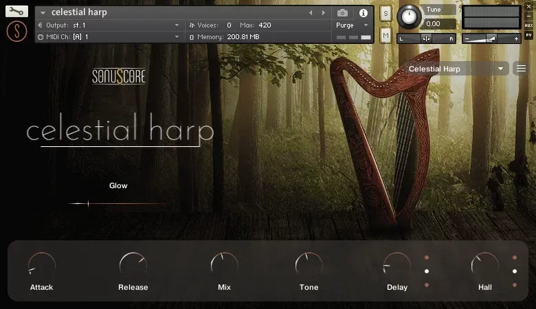 Interfaz principal de SonuScore Celestial Harp con efecto Glow