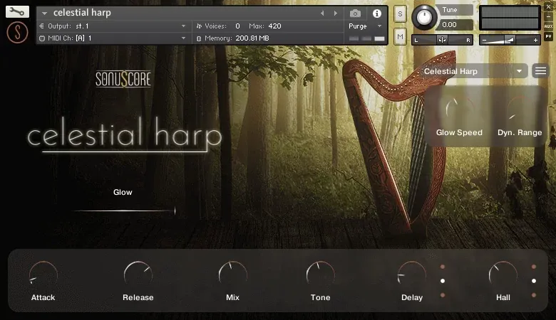 Ajustes de capas Natural y Harmonic en SonuScore Celestial Harp