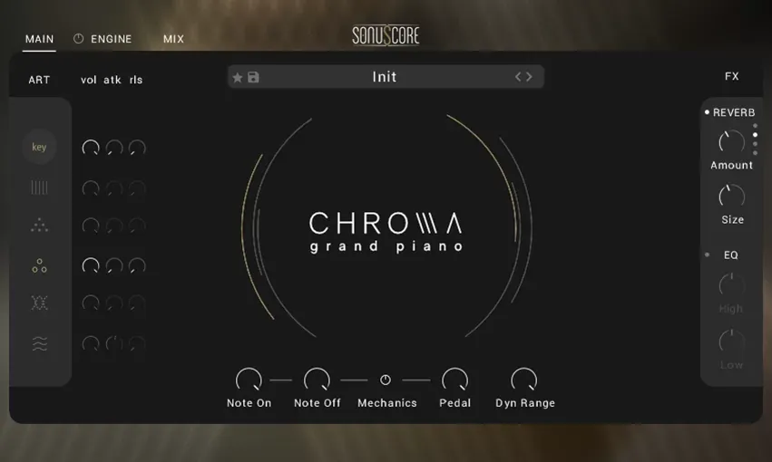 Interfaz principal y Mix Page de Chroma Grand Piano de SonuScore