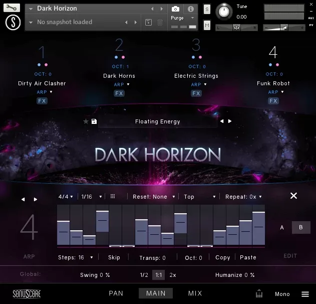 Pagina de arpegiador de Dark Horizon de SonuScore