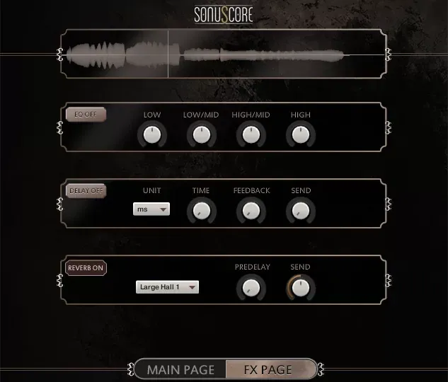 Pagina de efectos EQ, delay y reverb de SonuScore Ethnic Flute Phrases
