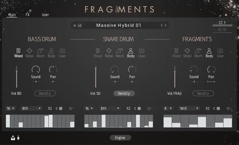 Interfaz de Fragments - Modern Percussion de SonuScore con sus tres secuenciadores