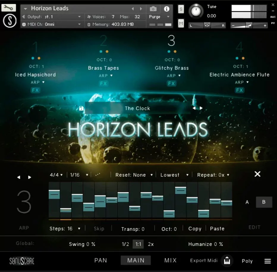 Pagina de arpegiador de Horizon Leads de SonuScore